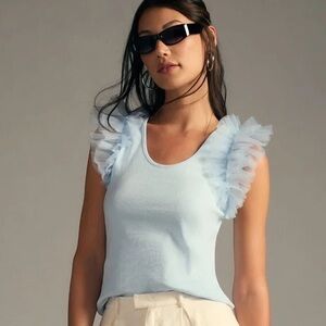 Dolan Anthropologie Tulle Sleeve Light Blue Ribbed Scoop Neck top blouse